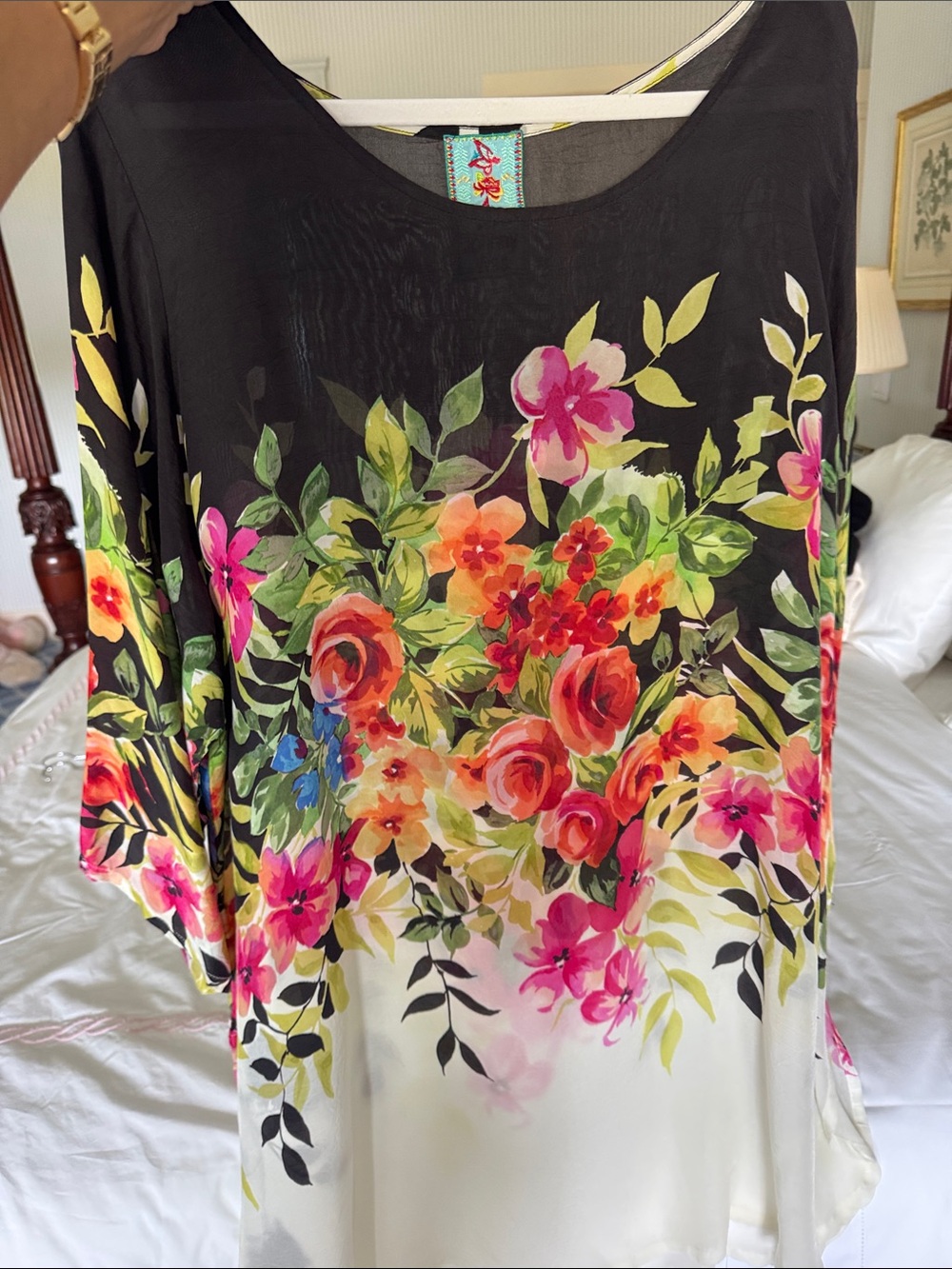 Johnny Was Black Floral Ombre Tunic with Multicolor Blooms